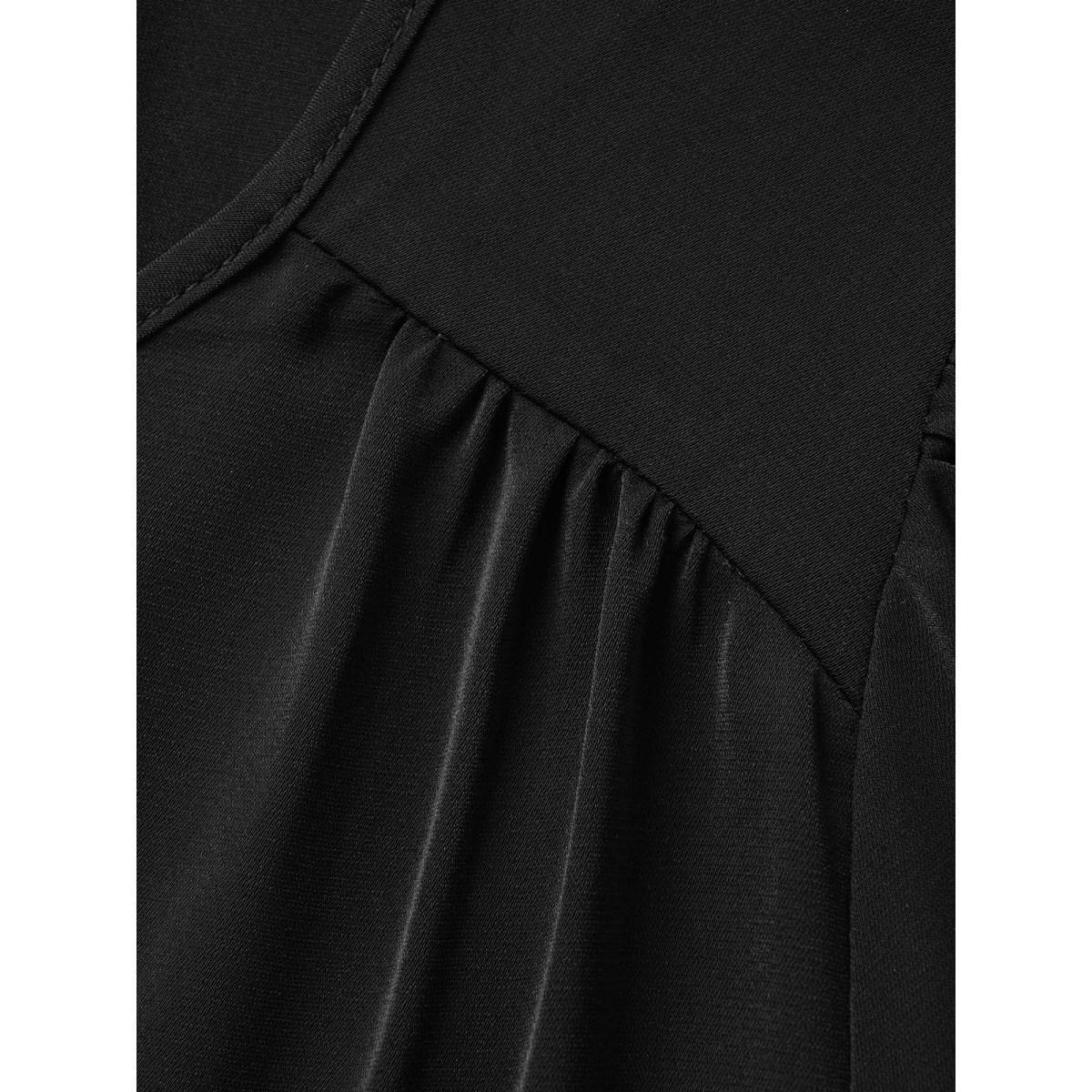 Plus Size Black Anti-Wrinkle Plain Metal Detail Keyhole Neck Blouse Women Office Short sleeve V-neck Work Blouses BloomChic 12/L Product Image