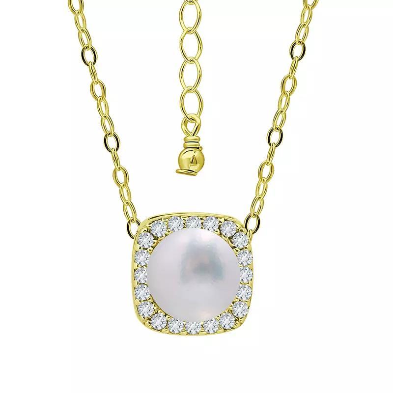 Aleure Precioso Sterling Silver Cubic Zirconia & Freshwater Cultured Pearl Square Pendant Necklace, Women's, Size: 18", Gold Tone Product Image