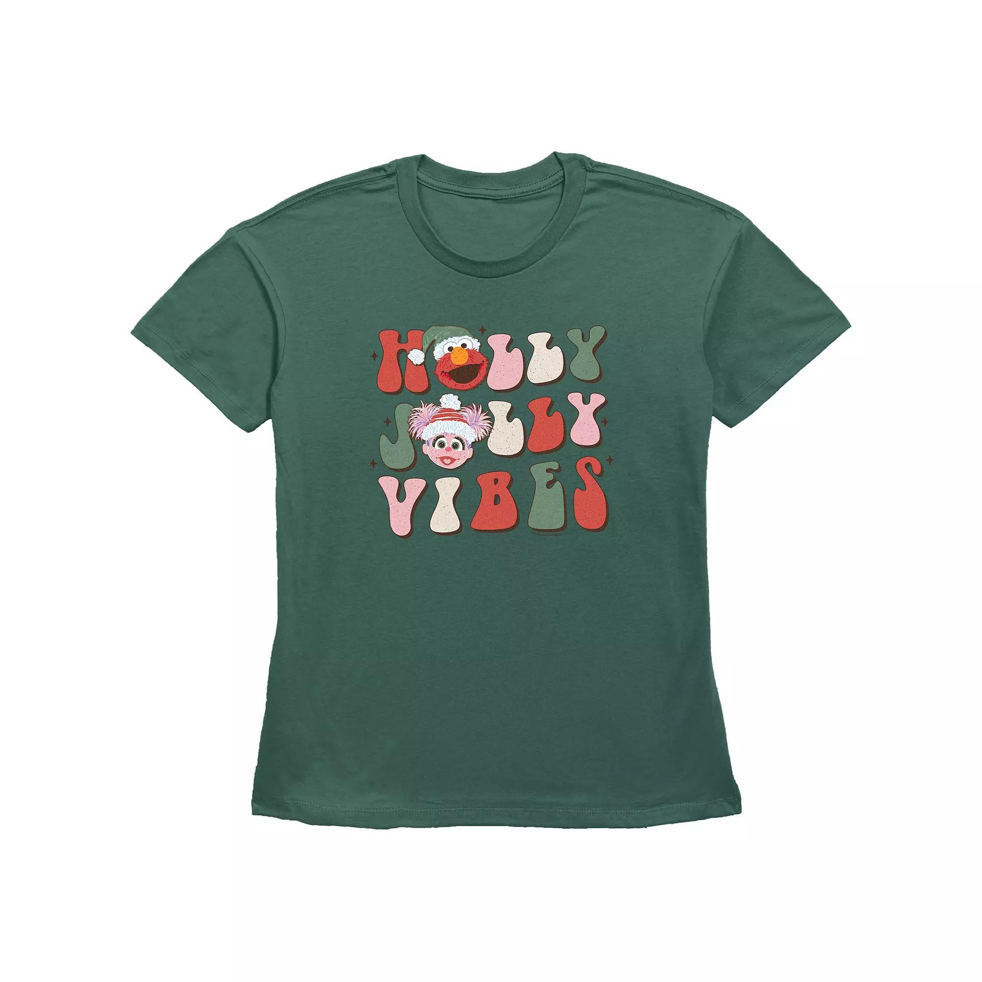 Women's PBS Kids Sesame Street Elmo And Abby Cadabby Holly Jolly Vibes Graphic Tee, Size: Small, Green Product Image