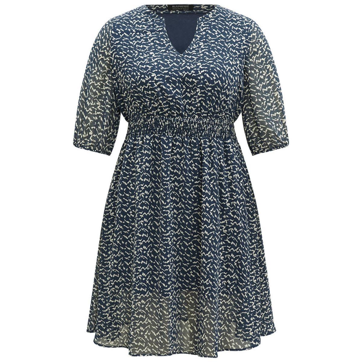 Plus Size Bird Print Notched Shirred Lantern Sleeve Dress Blue Women Office Elastic cuffs Notched collar Half Sleeve Curvy Midi Dress BloomChic 30/6X Product Image
