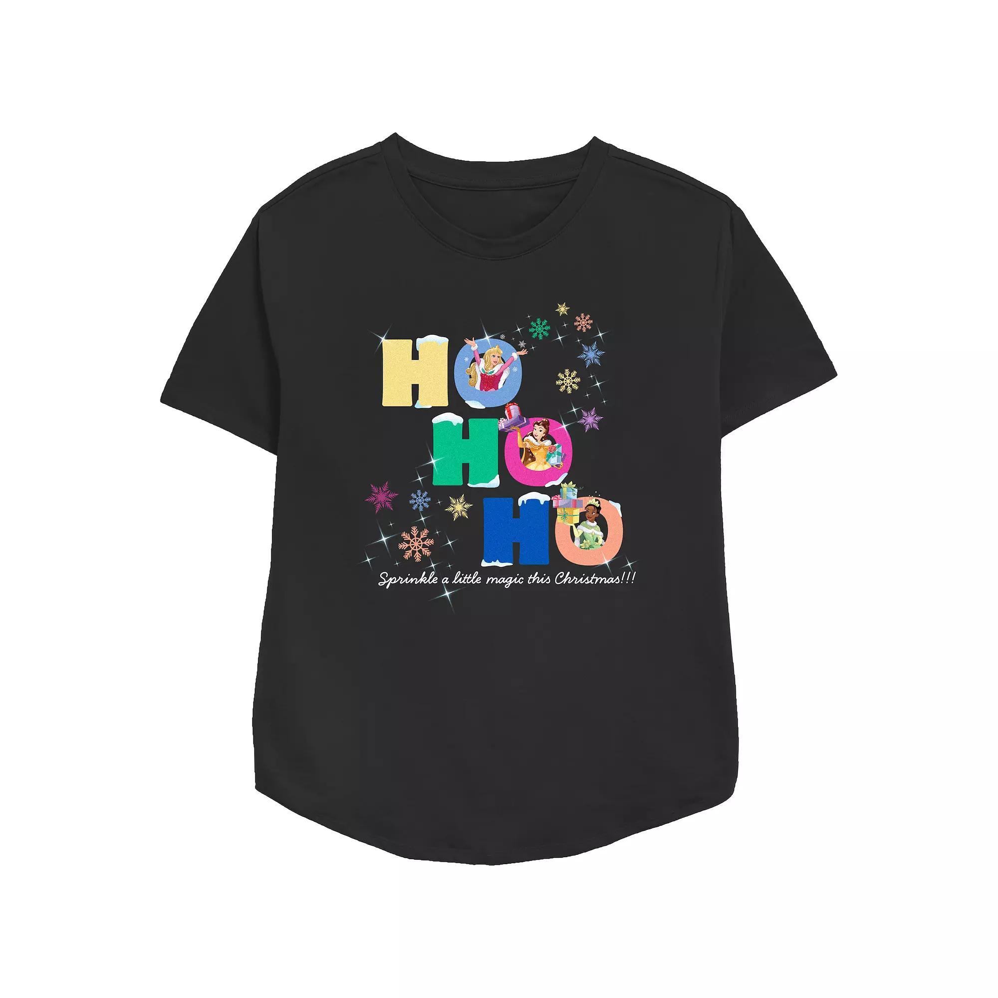 Disney Princess Aurora, Belle & Tiana Sprinkle A Little Magic This Christmas Women's Relaxed Fit Graphic Tee, Size: Large, Black Product Image