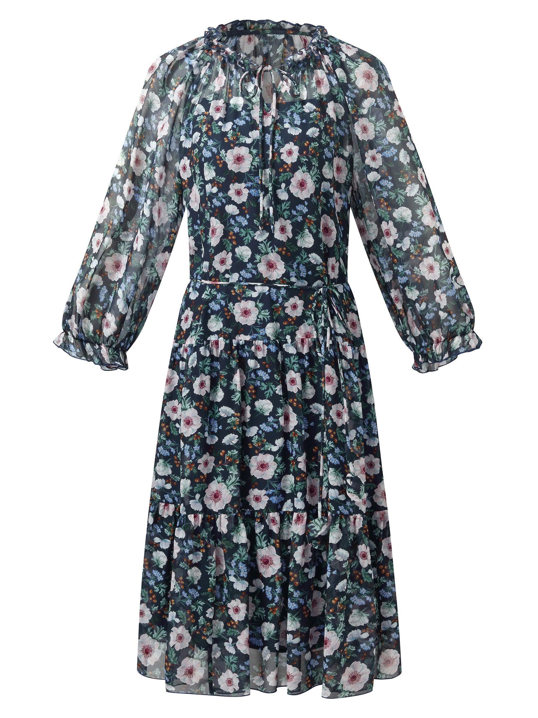 10MM Mulberry Silk Floral Print Women Ruffle Collar Midi Dress Product Image