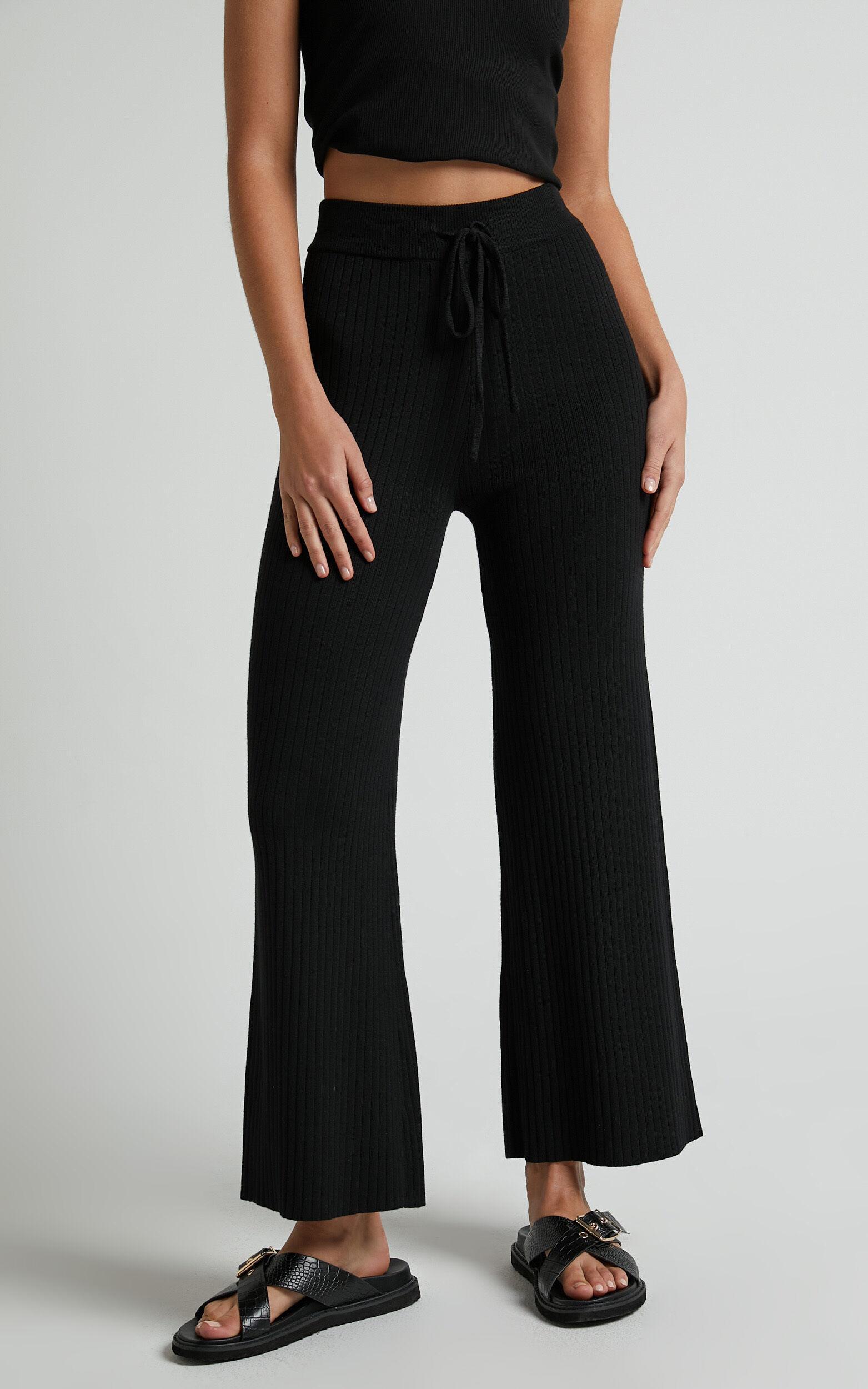 Motto Pants - High Waisted 7/8 Length Ribbed Knit Pants in Black Product Image
