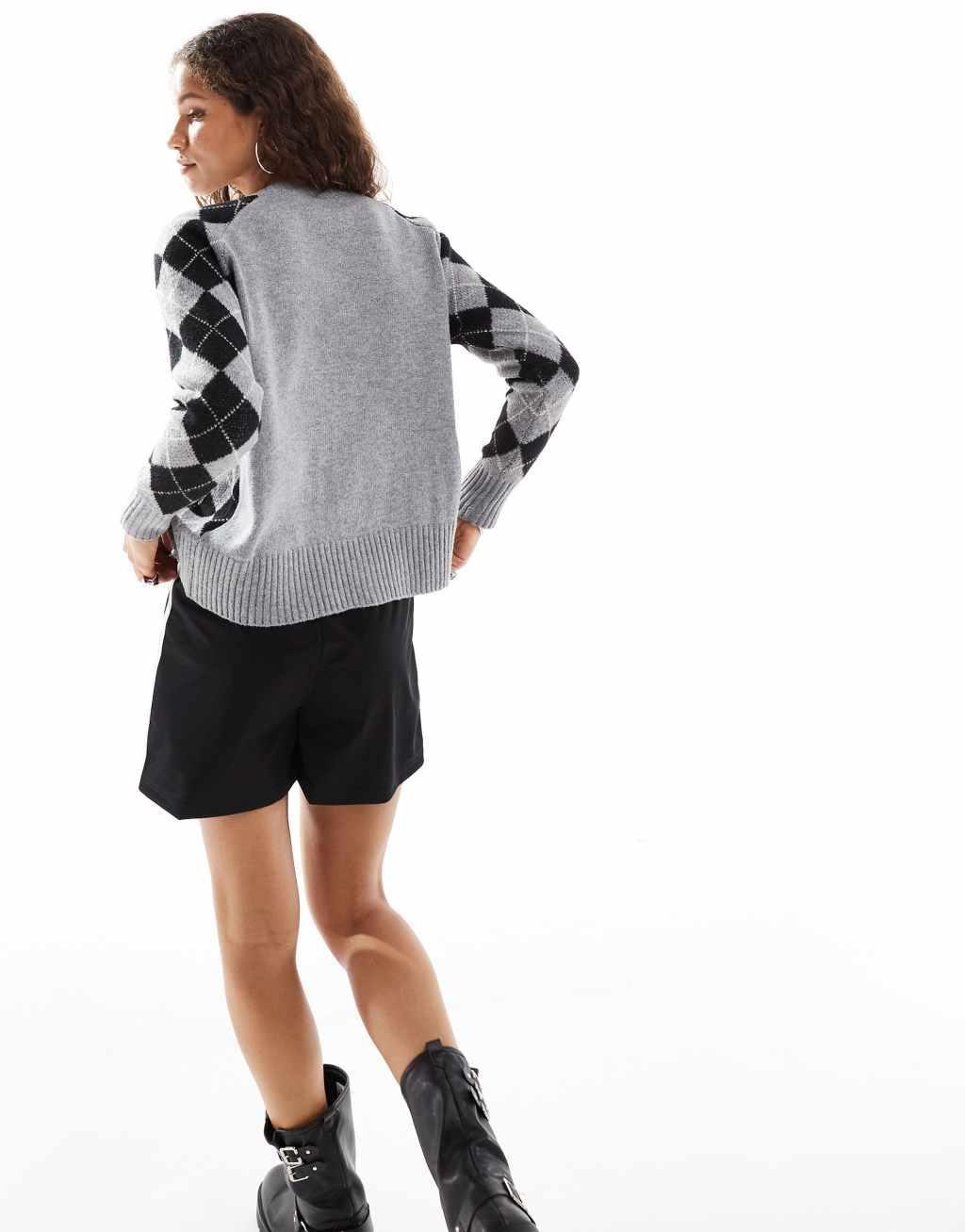 Daisy Street black and gray oversized argyle knitted pattern cardigan  Product Image