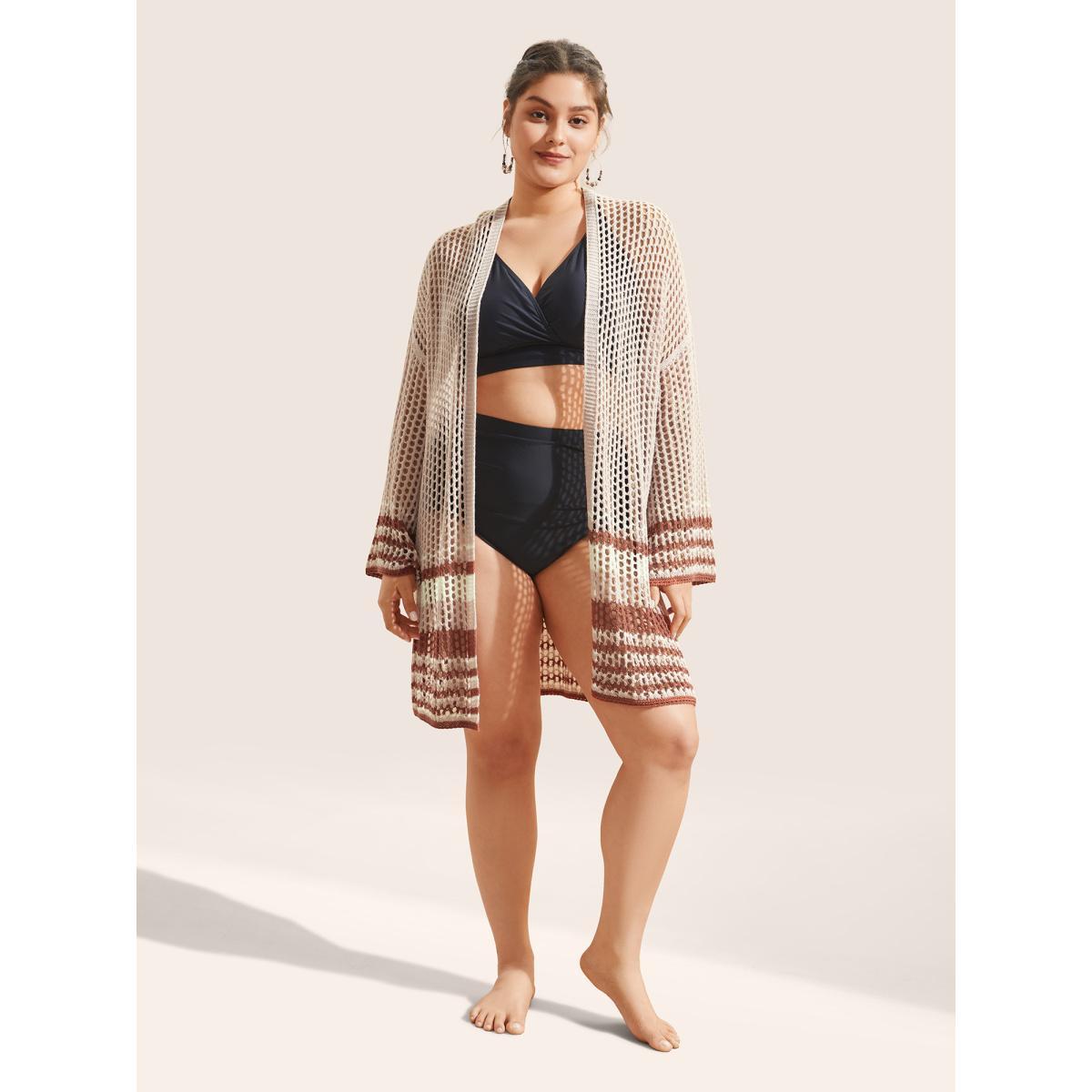 Plus Size Contrast Striped Pointelle Knit Bell Sleeve Swim Cover Up Women's Swimwear MistyRose Beach Contrast Curve Swim Cover Ups BloomChic 22-24/3X Product Image