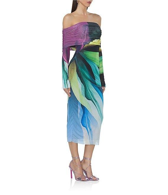 AFRM Cornelia Printed Off the Shoulder Long Sleeve Mesh Midi Dress Product Image