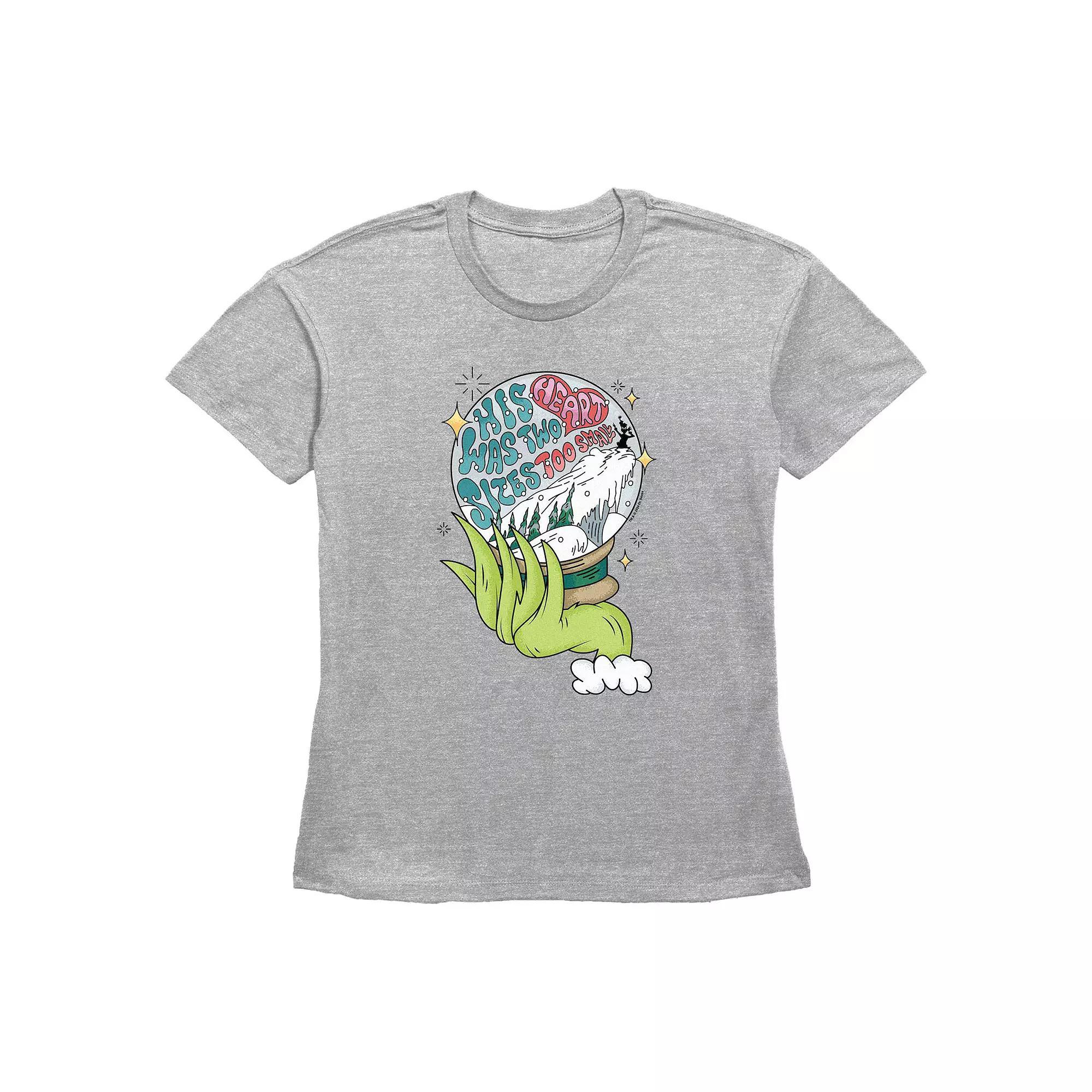 Women's Dr. Seuss Grinch His Heart Was Two Sizes Too Small Snow Globe Graphic Tee, Size: XS, Grey Gray Product Image