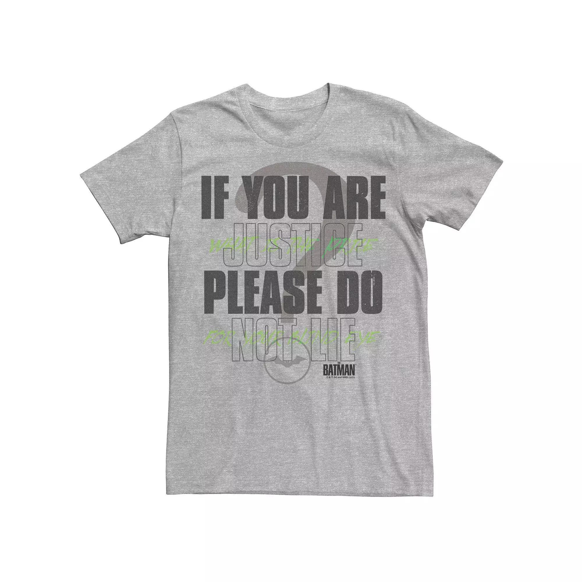 Men's DC Comics The Batman "If You Are Justice Please Do Not Lie" Tee, Size: XXL, Athletic Grey Product Image