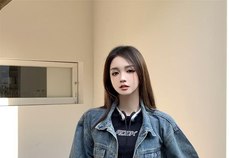 Collared Washed Denim Button Up Jacket Product Image