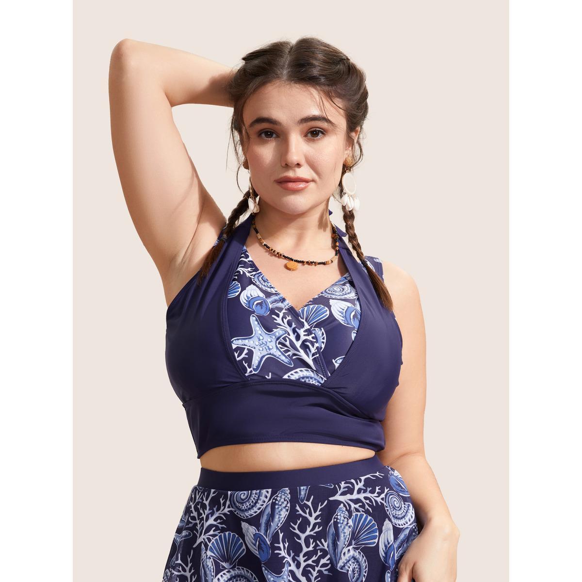 Plus Size Marine Elements Patchwork Tie Knot Swim Top Women's Swimwear Indigo Beach Cross straps High stretch Skinny V-neck Curve Swim Tops BloomChic 18-20/2X Product Image