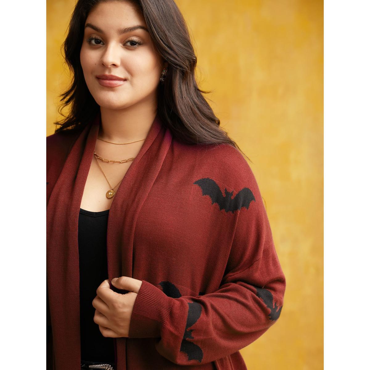 Plus Size Supersoft Essentials Halloween Bat Pattern Lapel Collar Cardigan Rust Women Casual Loose Long Sleeve Festival-Halloween Cardigans BloomChic 14-16/1X Product Image