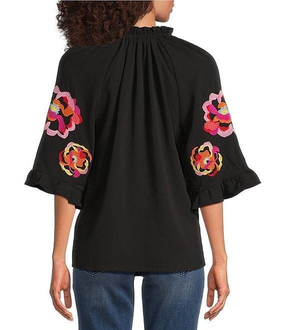 Calessa Embroidered Patchwork Ruffle Split V-Neck 3/4 Sleeve Tunic Product Image