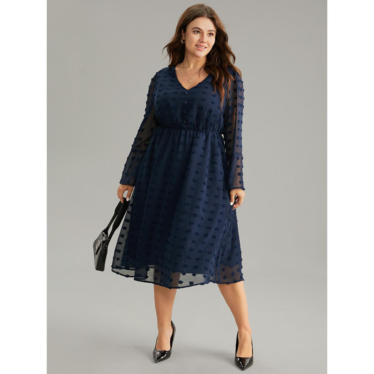 Plus Size Plain Texture Elastic Waist Jacquard Dress Indigo Women At the Office Texture V-neck Long Sleeve Curvy Midi Dress BloomChic 18-20/2X Product Image