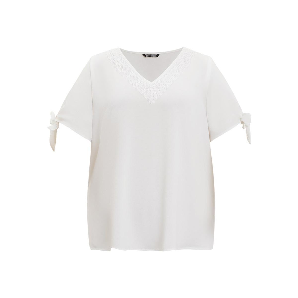 Plus Size Ivory Anti-Wrinkle Plain Lace Cut Out Knot Sleeve Blouse Women Office Short sleeve V-neck Work Blouses BloomChic 22-24/3X Product Image