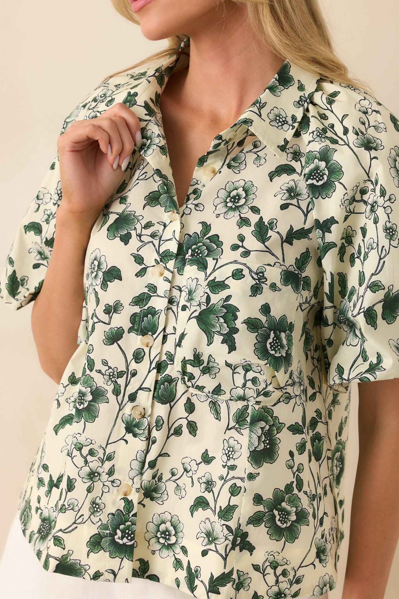 A Sweet Surprise Green Floral Print Cotton Puff Sleeve Top Product Image