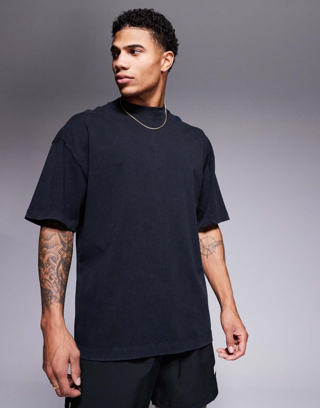 ASOS 4505 back print boxy heavyweight cotton T-shirt with quick dry finish in washed black Product Image