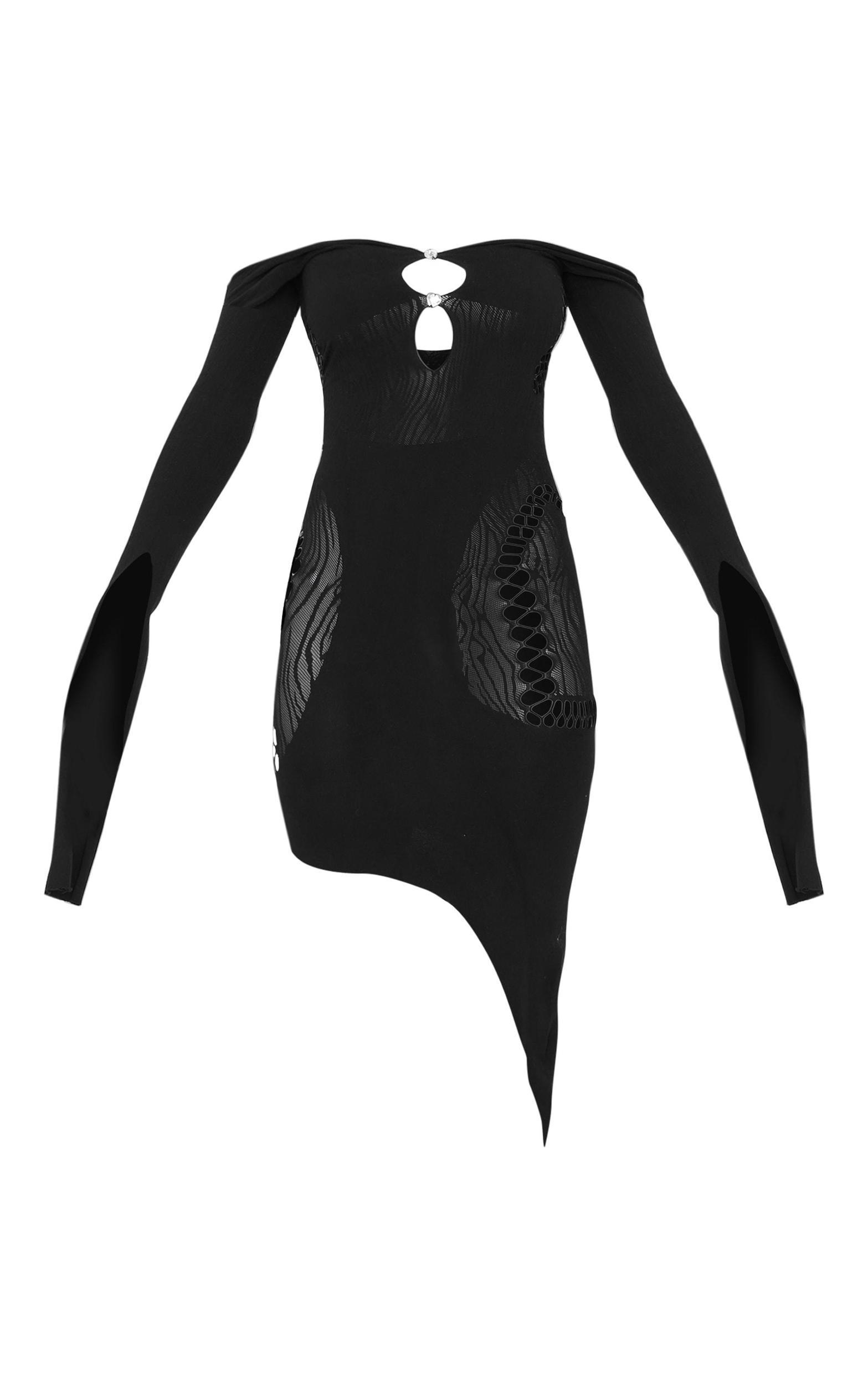 Black Sheer Cut Out Long Sleeve Midi Dress Product Image