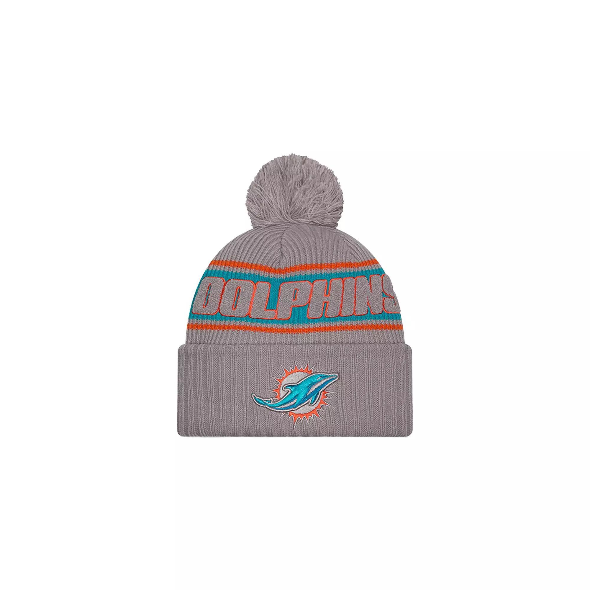 Men's New Era  Gray Miami Dolphins 2024 Sideline Sport Cuffed Knit Hat with Pom, Grey Product Image