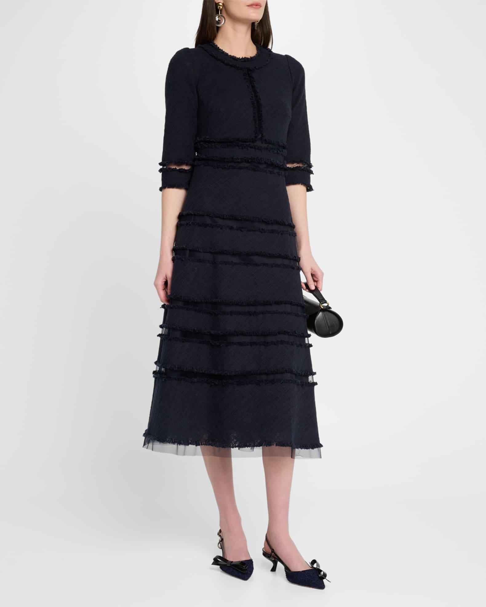 3/4-Sleeve Fringed Tulle-Inset Midi Dress Product Image