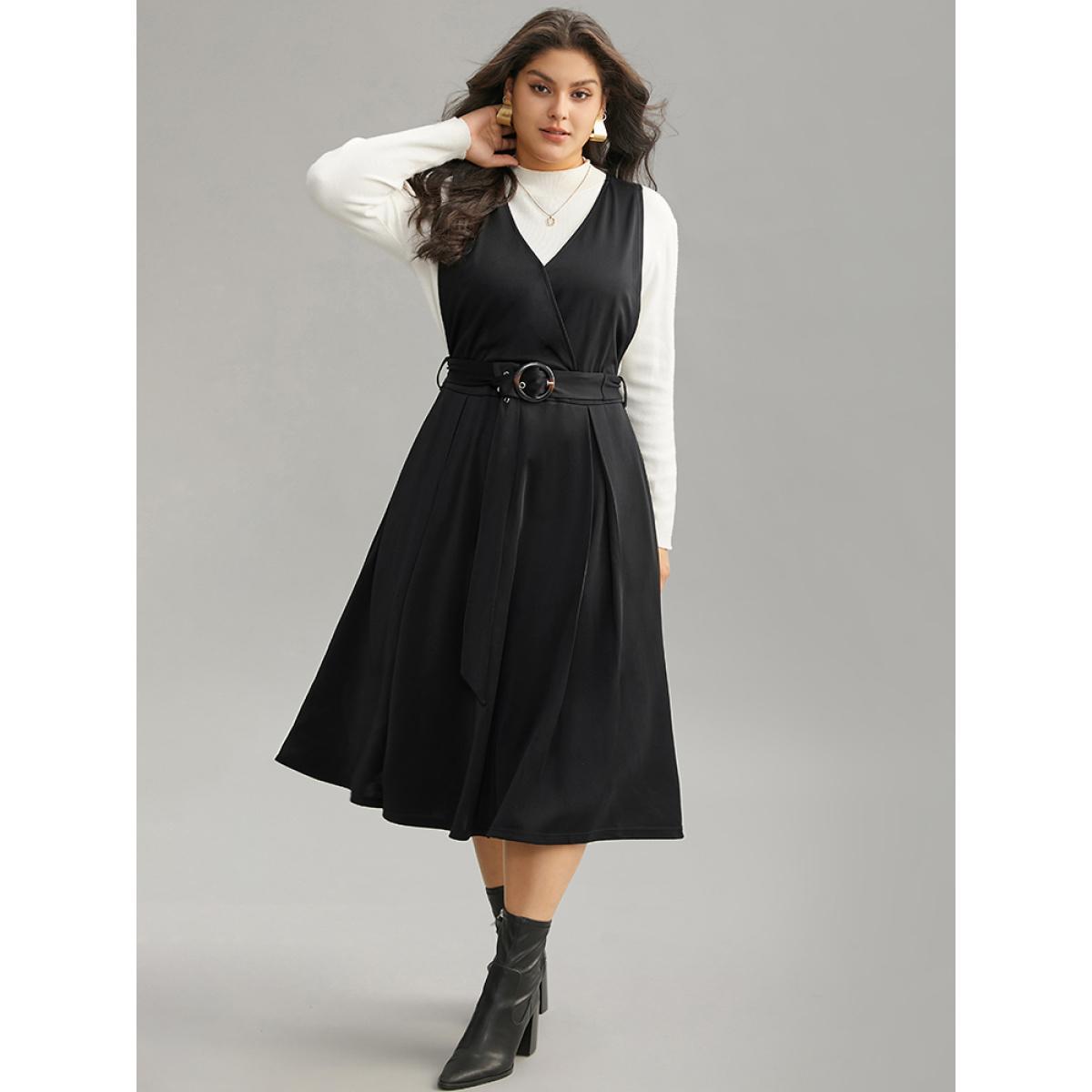 Plus Size Plain Buckle Detail Surplice Neck Tank Dress Black Women Elegant Wrap Overlap Collar Sleeveless Curvy Midi Dress BloomChic 14-16/1X Product Image