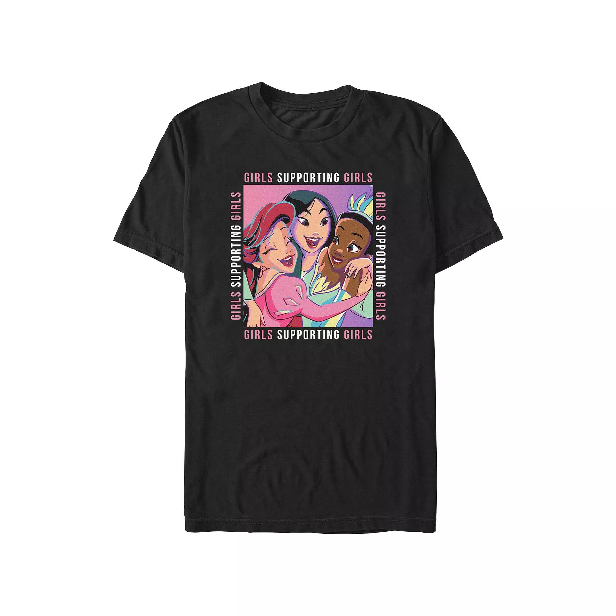 Disney's Ariel, Mulan & Tiana Princess Girls Supporting Girls Juniors' Boyfriend Graphic Tee, Women's, Size: XL, Black Product Image