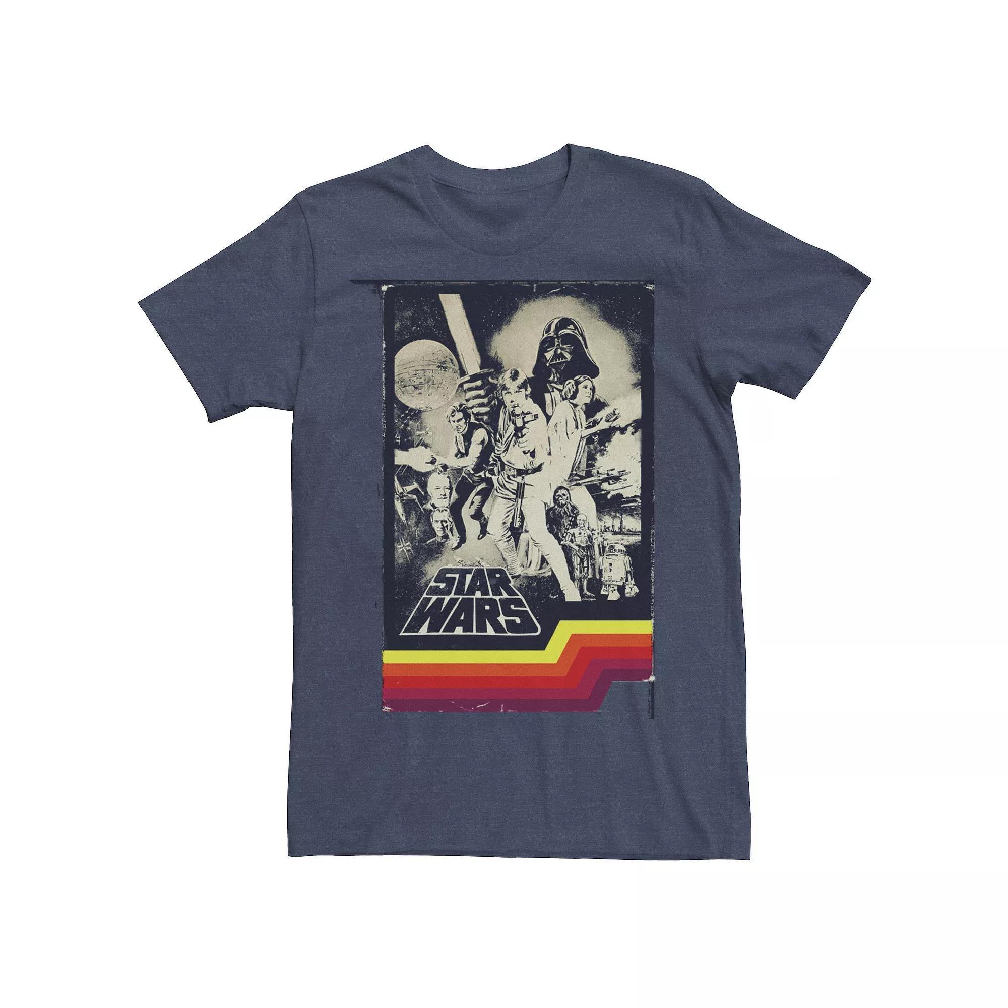 Men's Star Wars Vintage Main Cast VHS Photo Cover Tee, Size: 3XL, Navy Grey Product Image