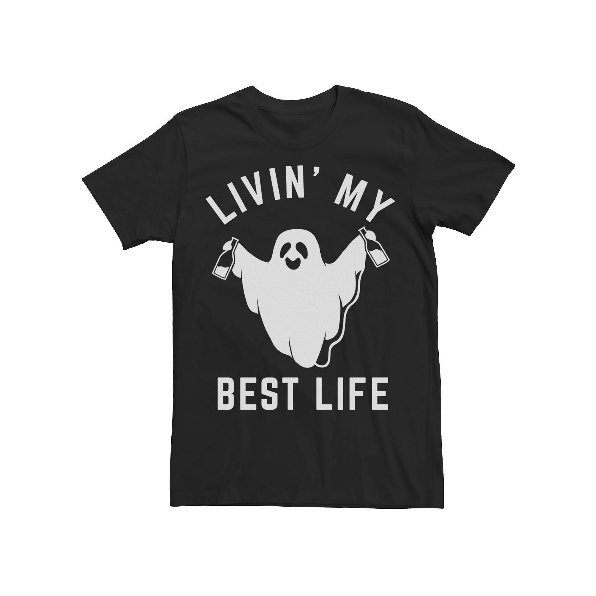 Mens Livin' My Best Life Drinking Ghost Halloween Tee, Men's, Size: Medium, Black Product Image
