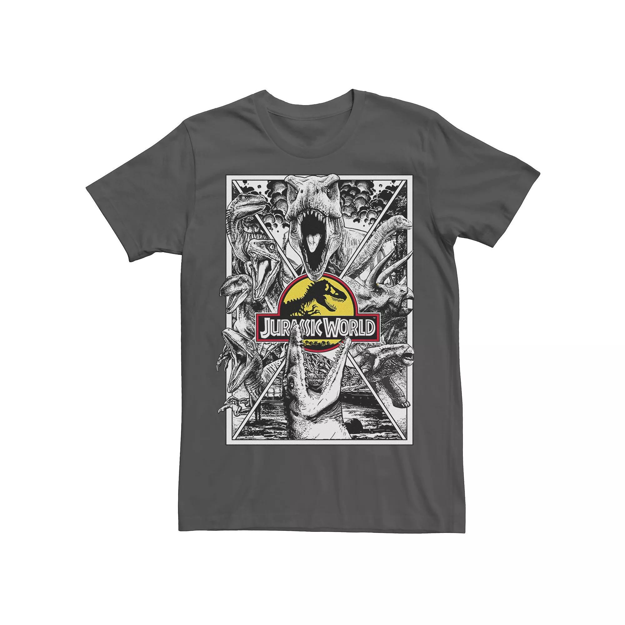 Mens Jurassic Park Collage Poster Tee Red Grey Product Image