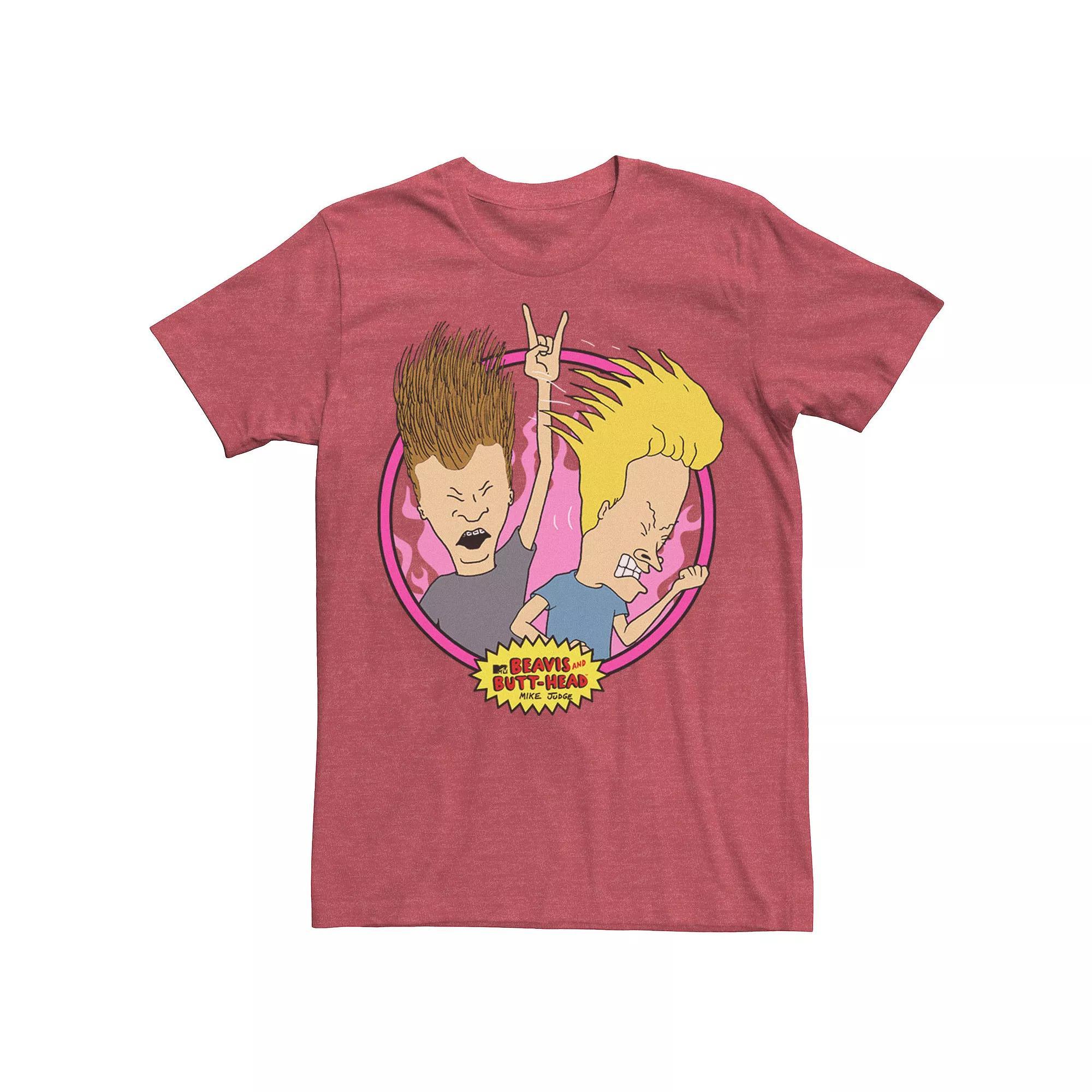 Men's Beavis and Butthead Rock N' Roll Circle Portrait Tee, Size: Small, Red Grey Product Image