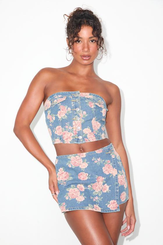 Ophirah Light Wash Floral Denim Strapless Crop Top Product Image