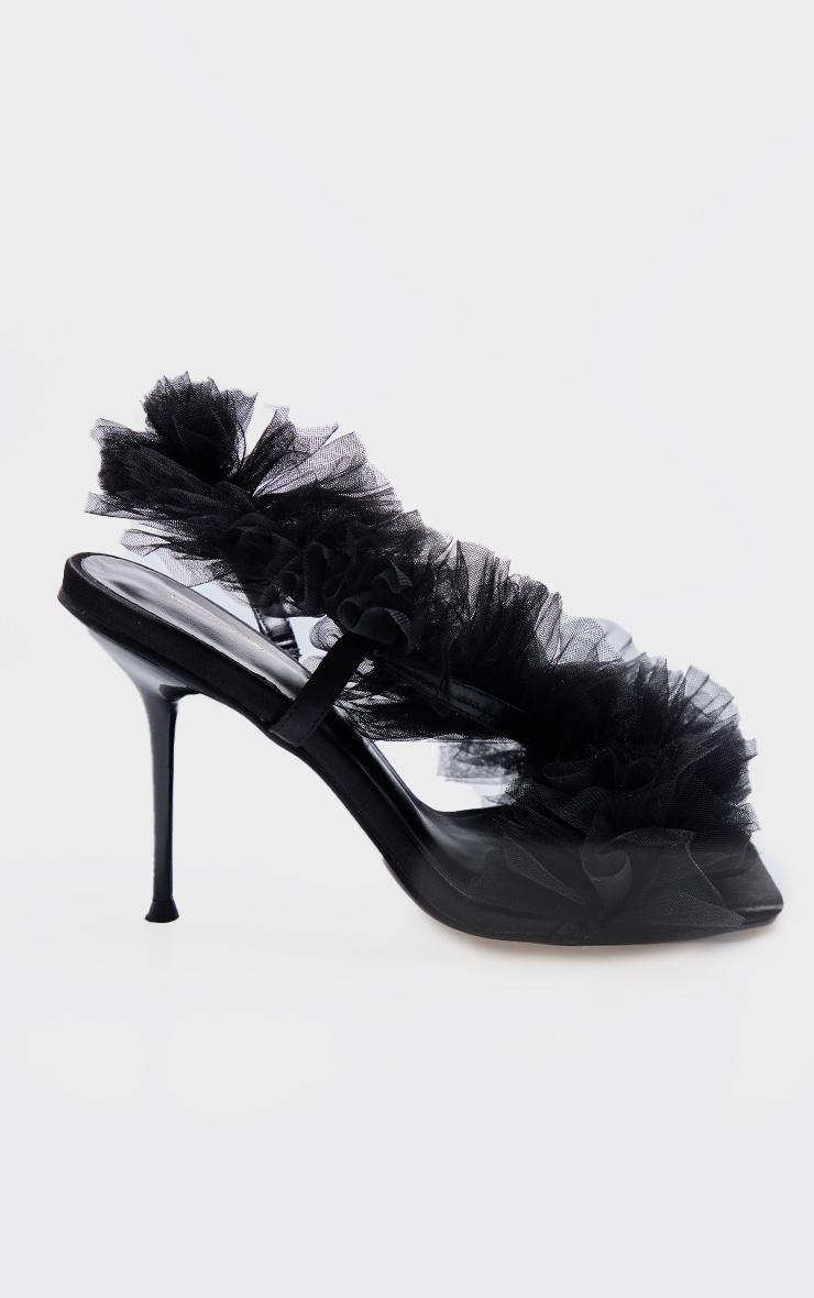 Black Mesh Square Toe Ruffle Asymmetric Sling Back Heeled Sandals Product Image