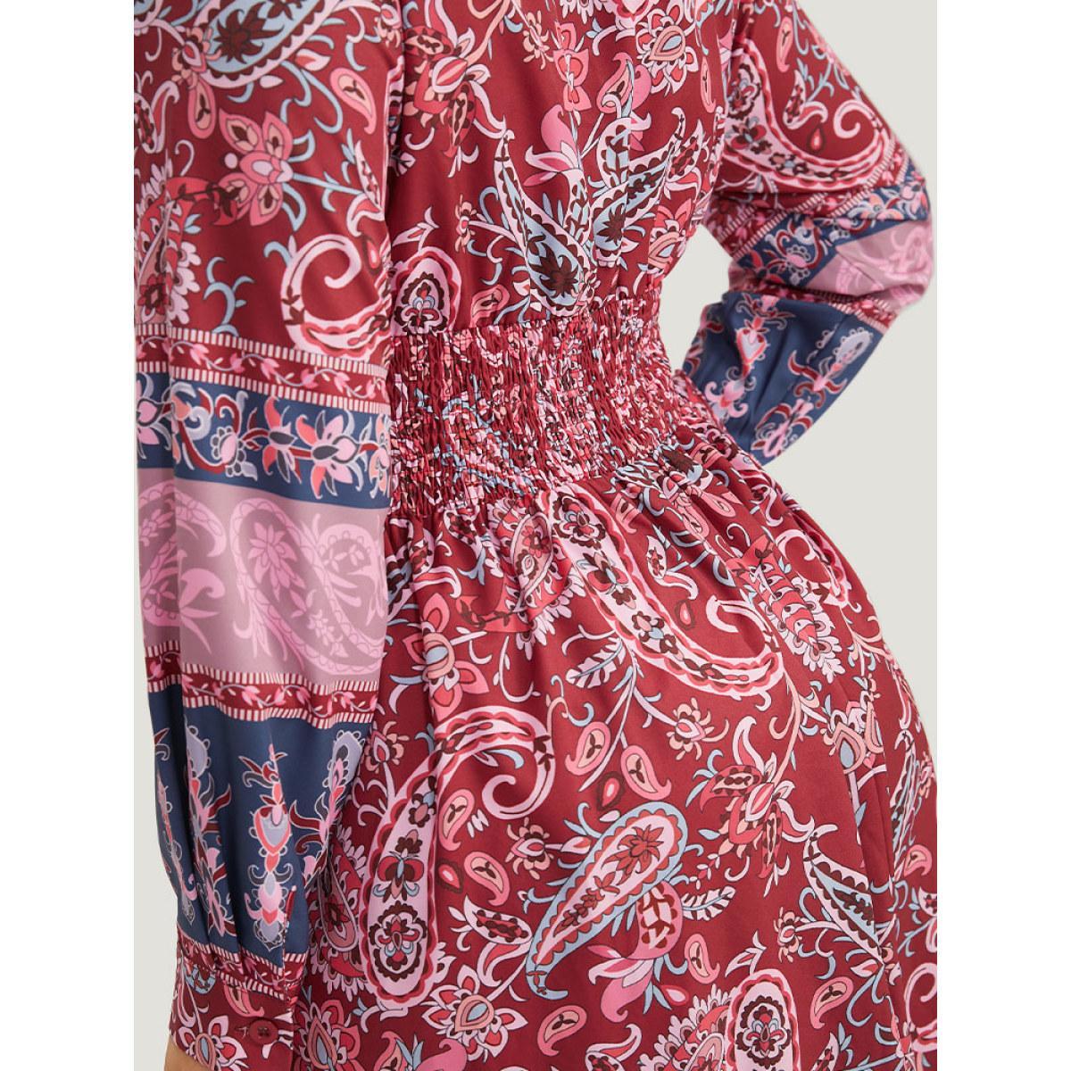 Plus Size Bandana Print Pocket Shirred Bowknot Dress Scarlet Women Vacation Cross straps V-neck Long Sleeve Curvy Midi Dress BloomChic 26/4X Product Image