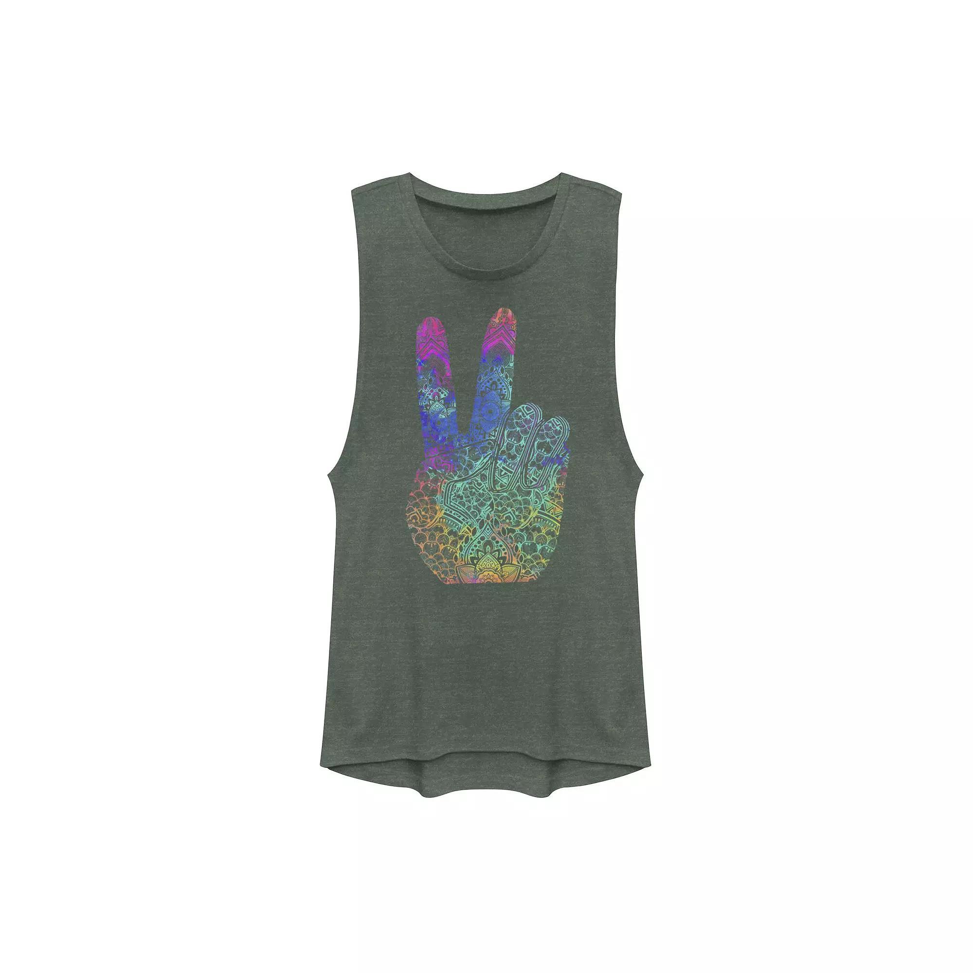 Juniors' Rainbow Peace Sign Muscle Tank Top, Girl's, Size: XL, Pine Grey Product Image