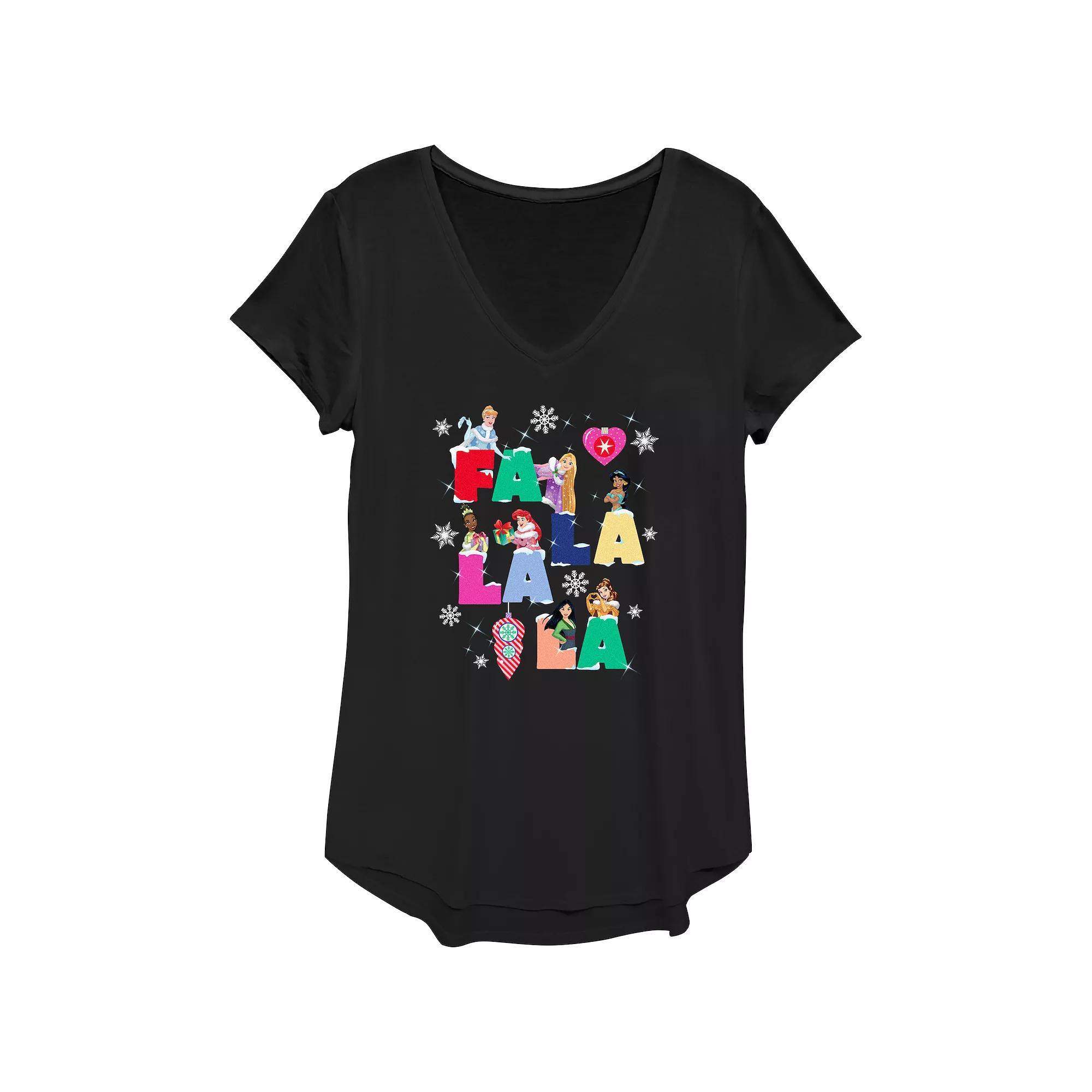 Disney Princess Cinderella, Rapunzel, Jasmine, Tiana, Ariel, Mulan & Belle Fa La La La Christmas Singing Womens Graphic Tee Product Image