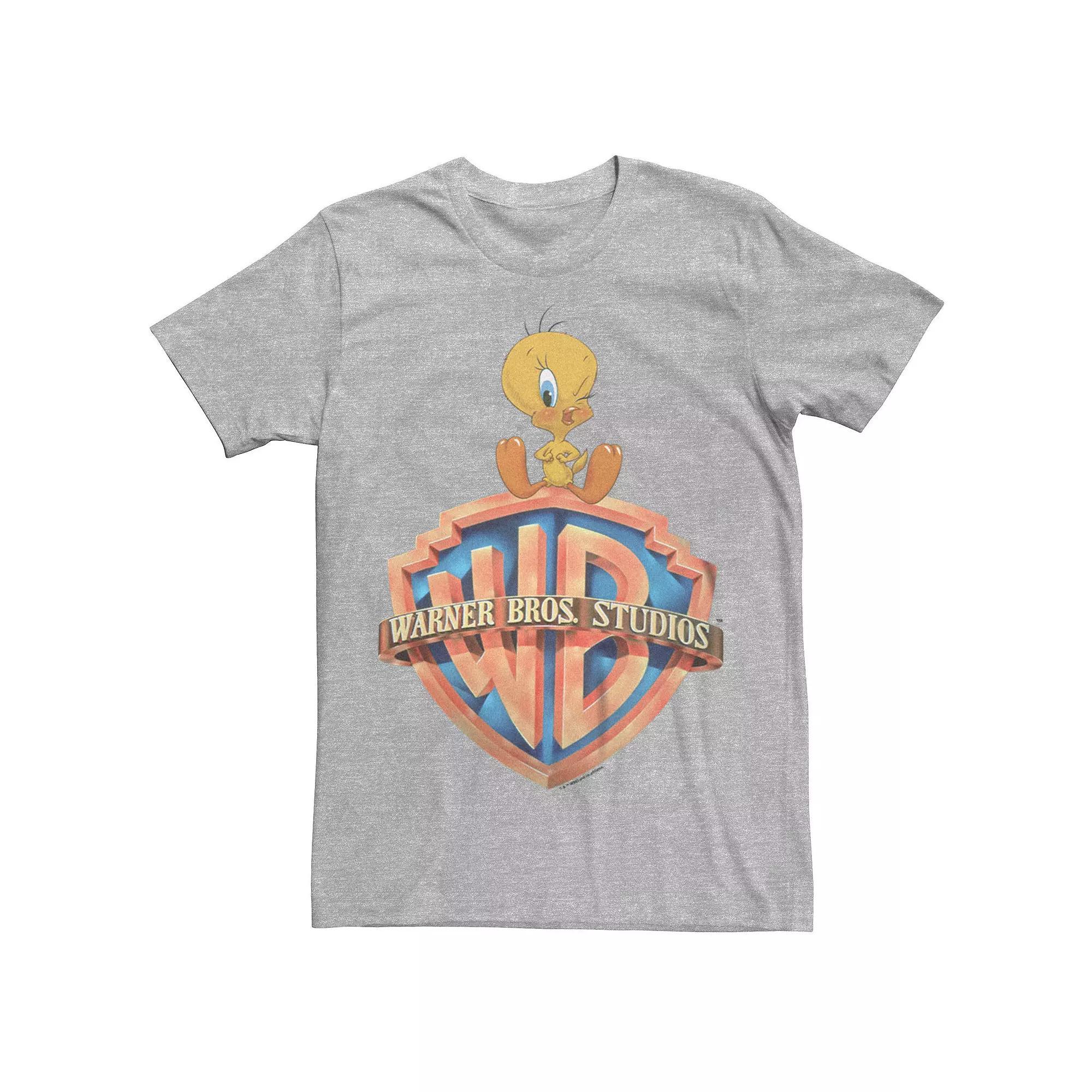 Men's Looney Tunes Tweety Sitting On Warner Bros Logo Graphic Tee, Size: Medium, Athletic Grey Product Image