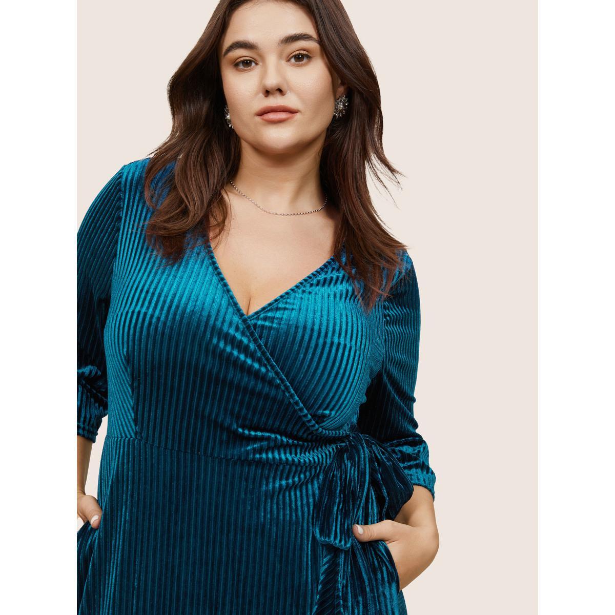 Plus Size Plain Velvet Ties Arc Hem Overlap Collar Dress Cerulean Women Glamour Velvet Overlap Collar Elbow-length sleeve Curvy Midi Dress BloomChic 18-20/2X Product Image