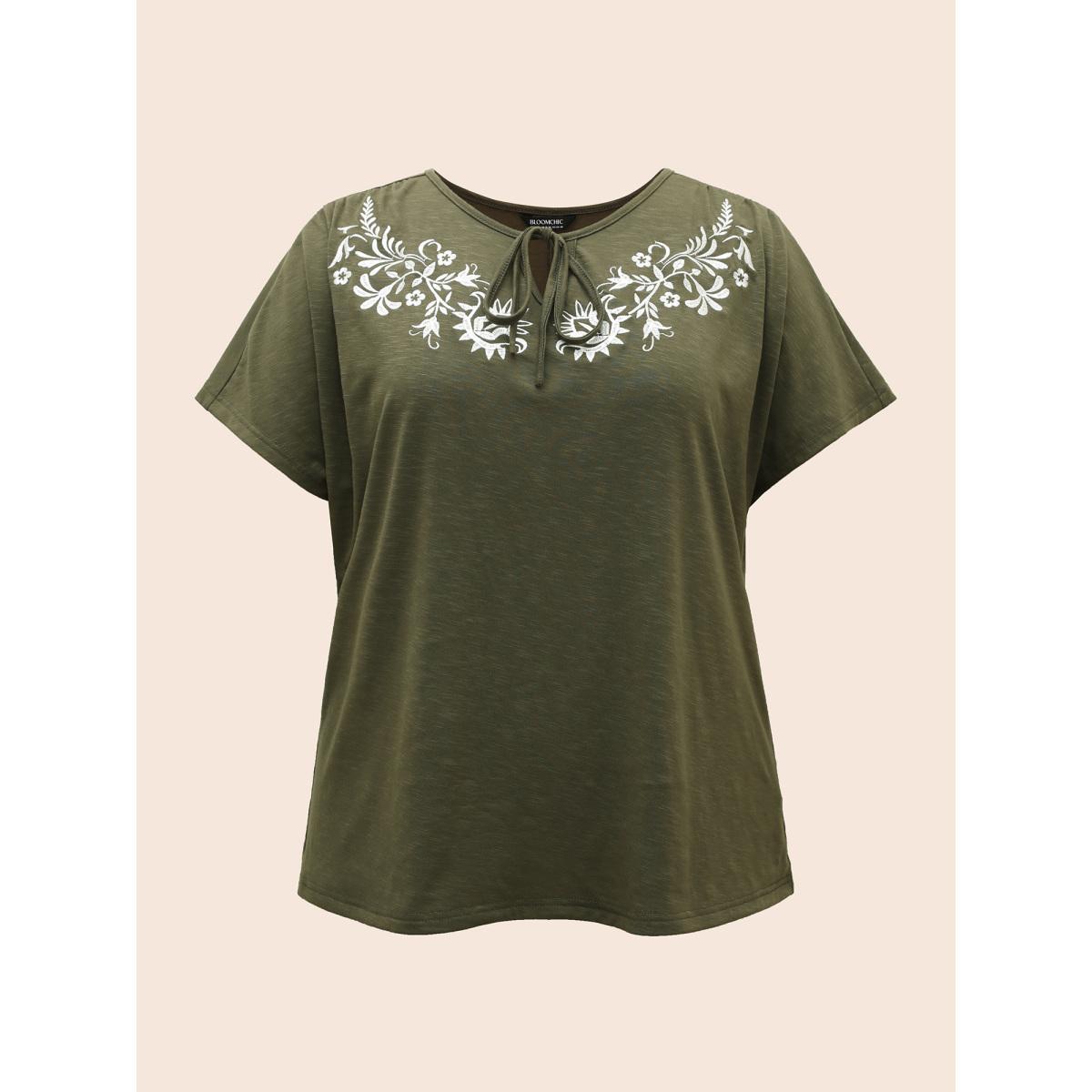 Plus Size Floral Embroidered Tie Knot Dolman Sleeve T-shirt ArmyGreen Women Resort Tie knot Art&design V-neck Vacation T-shirts BloomChic 18-20/2X Product Image