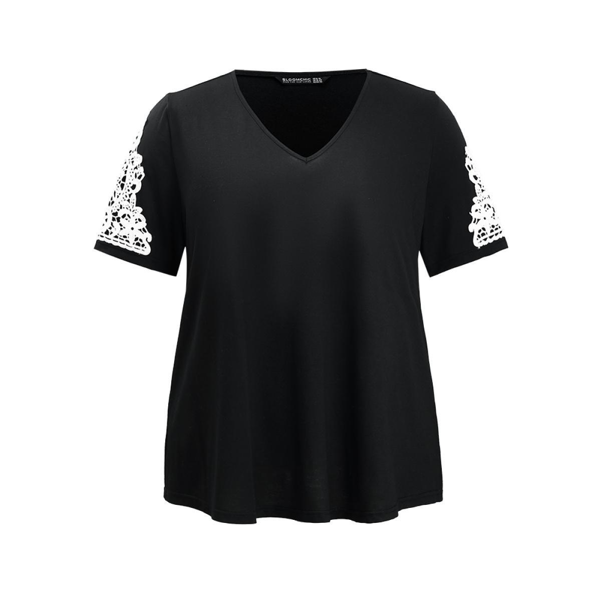 Plus Size Plain Contrast Lace V Neck T-shirt Black Women Elegant Lace Plain V-neck Dailywear T-shirts BloomChic 22-24/3X Product Image