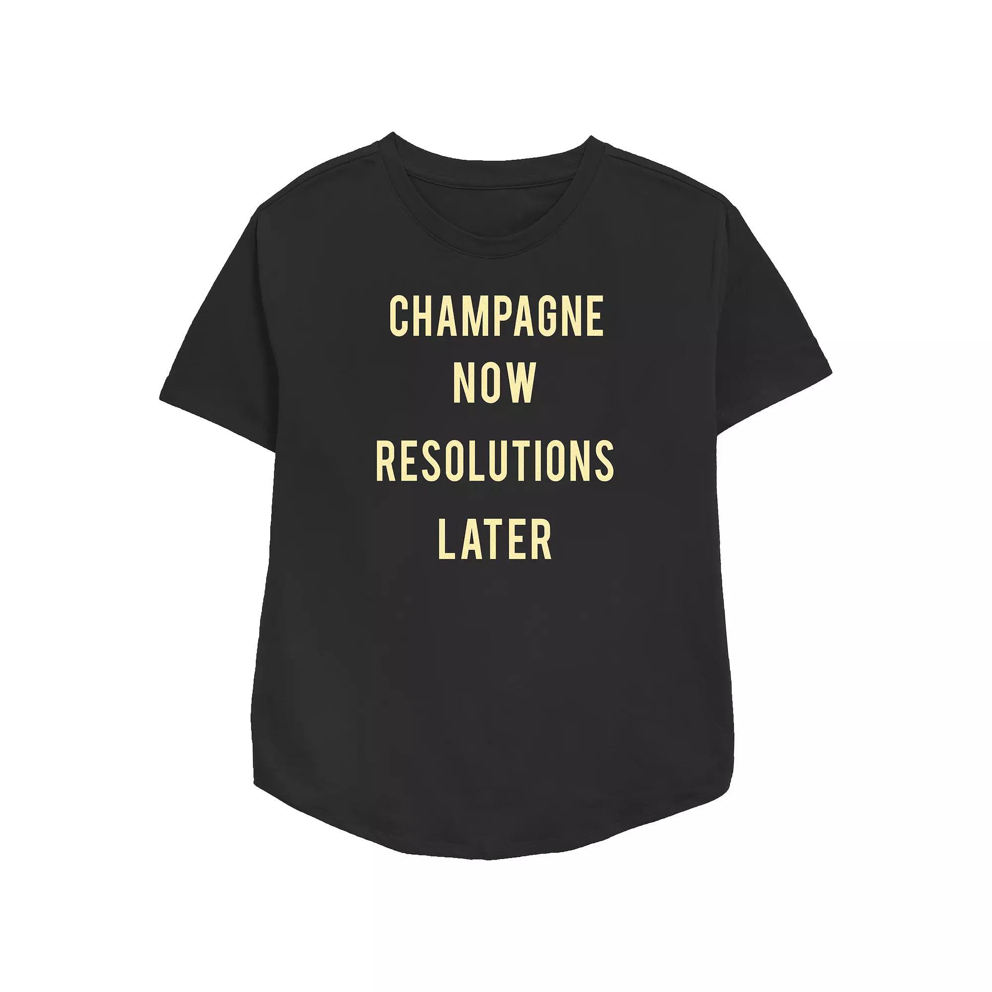 Women's Champagne Now Resolutions Later Relaxed Fit Graphic Tee, Size: Large, Black Product Image