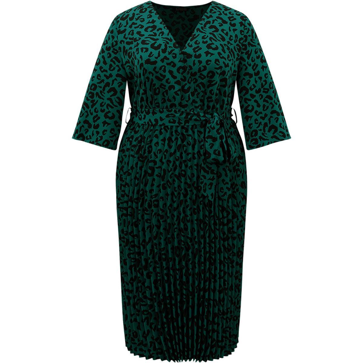 Plus Size Leopard Wrap Elastic Waist Pleated Belted Dress Cyan Women At the Office Wrap Overlap Collar Elbow-length sleeve Curvy Midi Dress BloomChic 28/5X Product Image