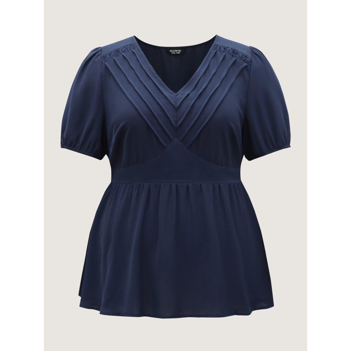 Plus Size Indigo Lace Plicated Detail Cinched Flared Blouse Women Short sleeve V-neck Work Blouses BloomChic 14-16/1X Product Image