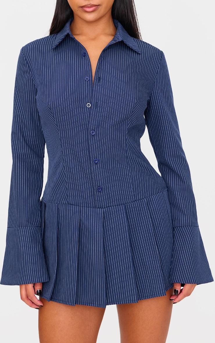 Navy Stripe Shirt Pleated Skort Romper Product Image