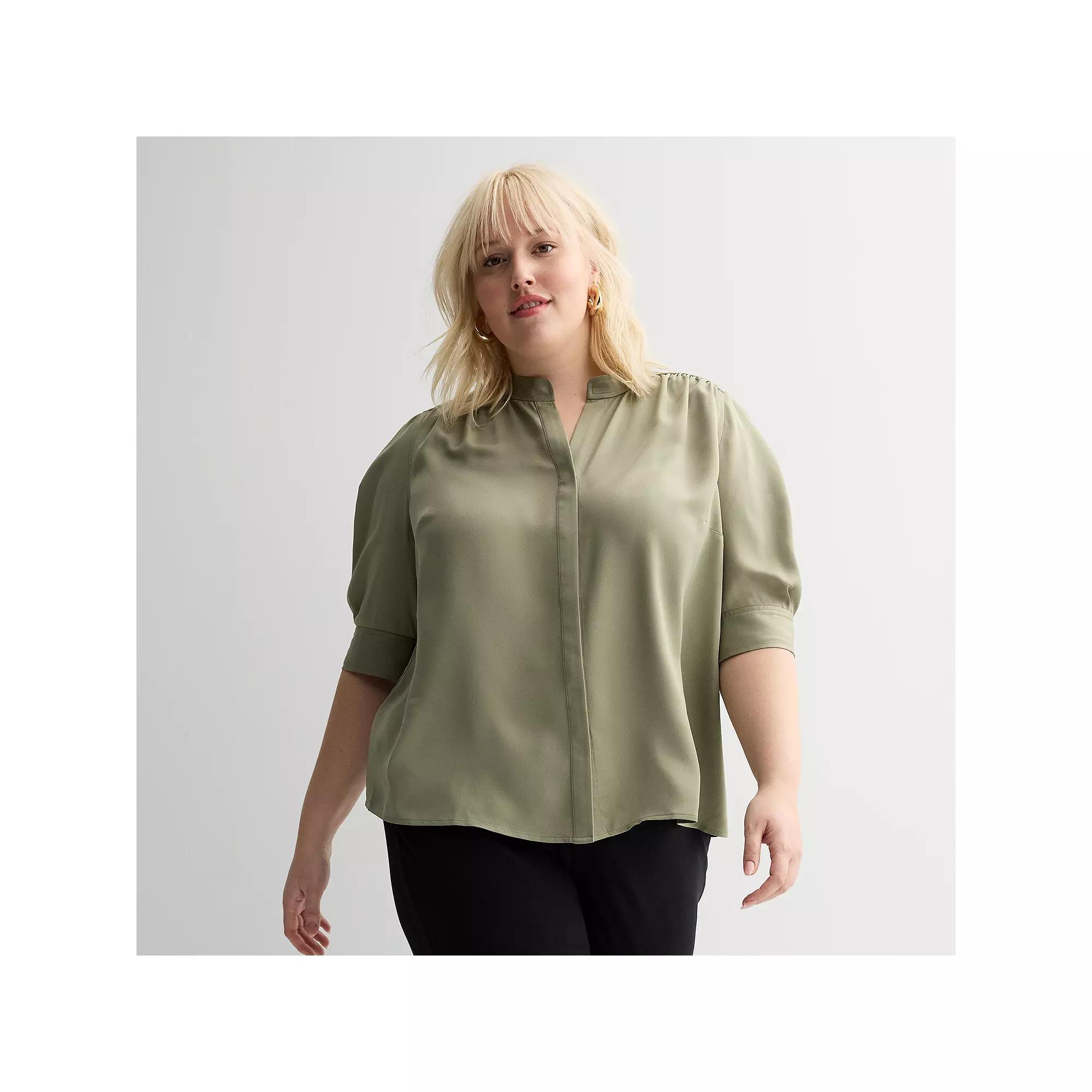 Plus Size Nine West Balloon Sleeve Collared Top, Women's, Size: 0X, Laughlin Green Product Image