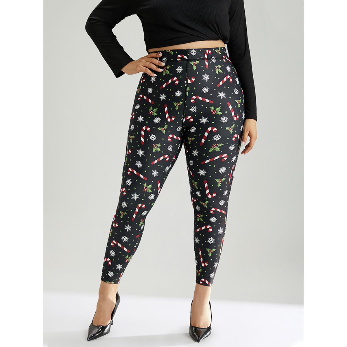 Plus Size Christmas Print Elastic Waist Skinny Leggings Women BlackFlower Casual High stretch Skinny High Rise Festival-Christmas Leggings BloomChic 26/4X Product Image
