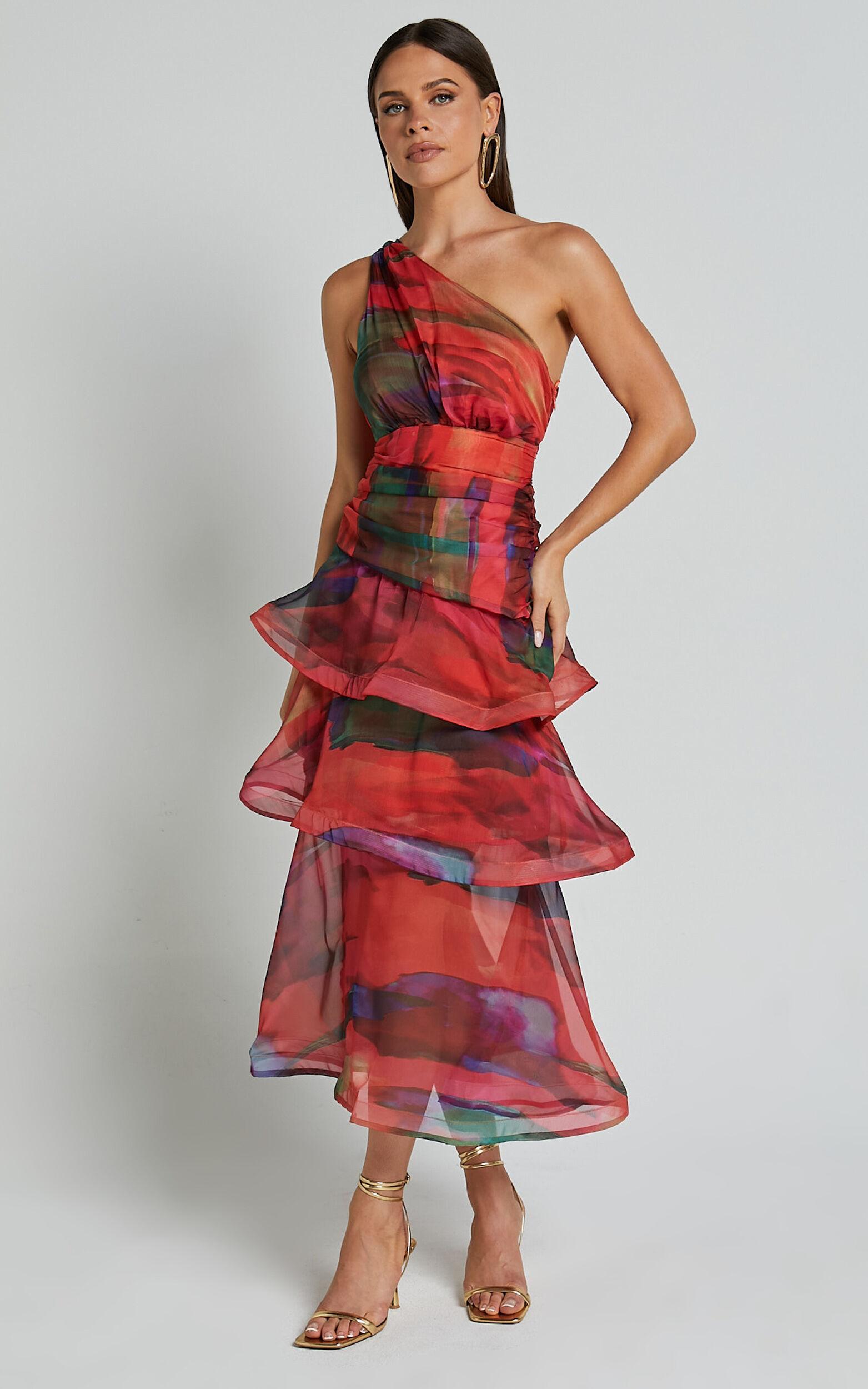 Chelsea Midi Dress - One Shoulder Tie Strap Layered Dress in Print Product Image