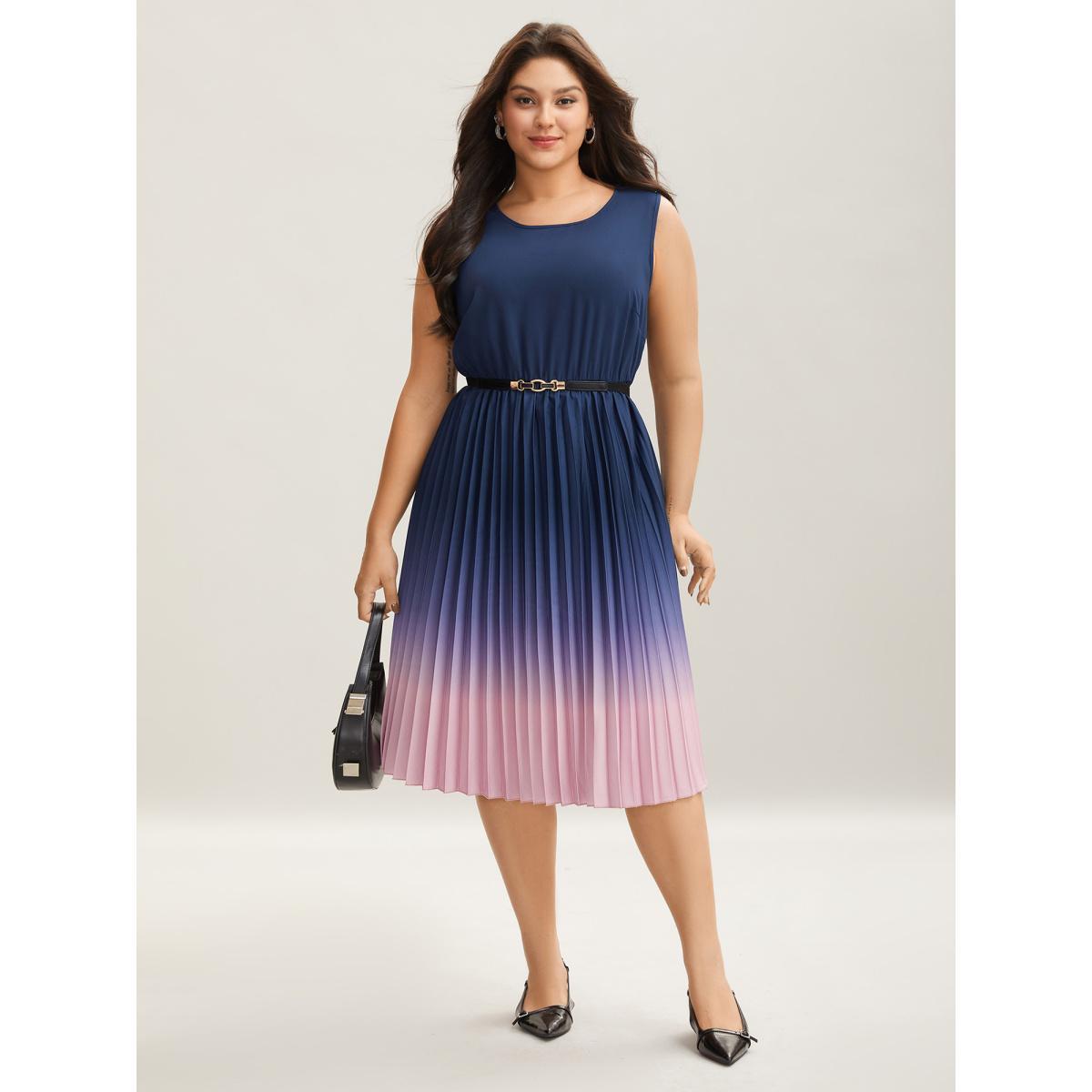 Plus Size Ombre Gradient Pleated Sleeveless Midi Dress Navy Women At the Office Pleated Round Neck Sleeveless Curvy BloomChic 12/L Product Image
