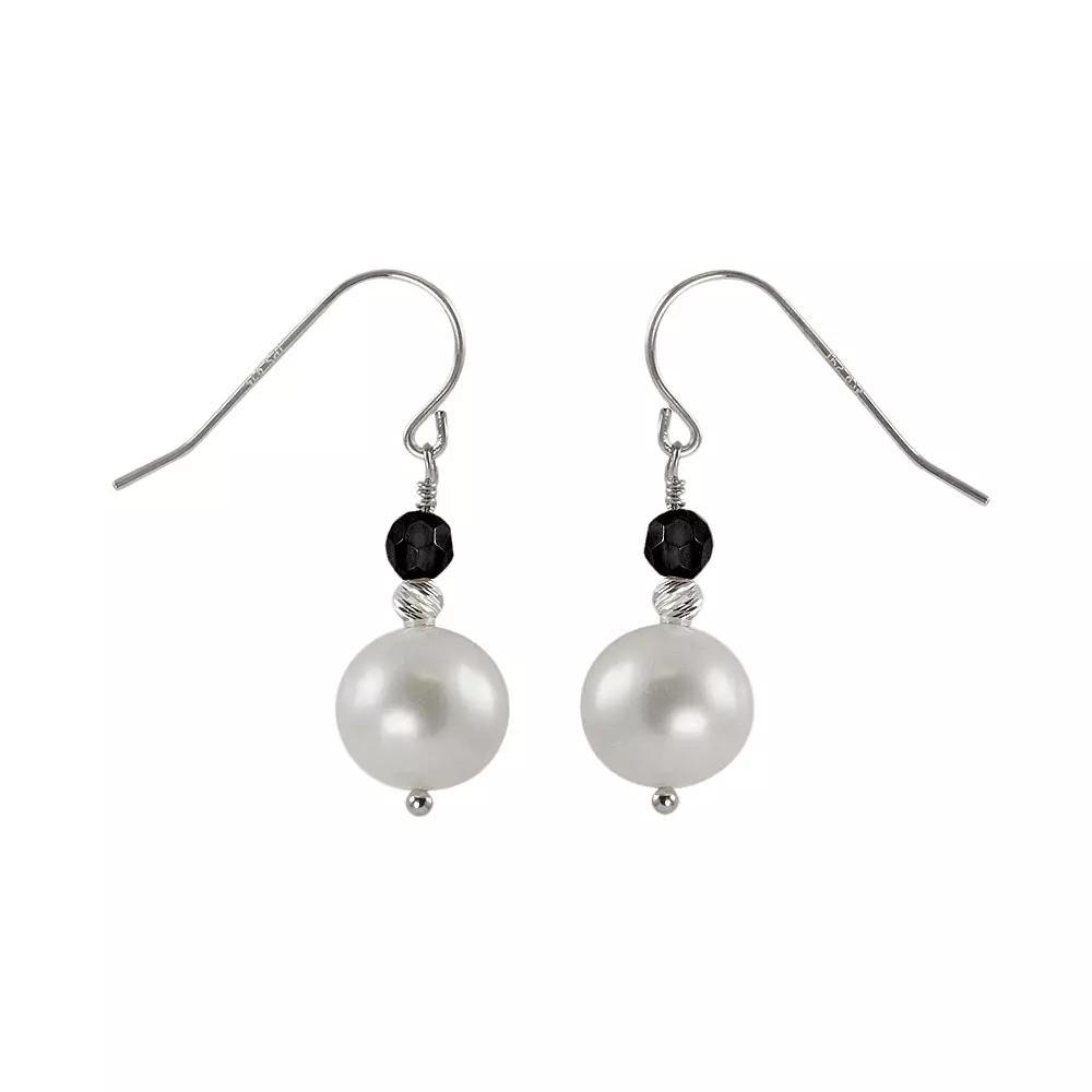 Sterling Silver Freshwater Cultured Pearl & Onyx Bead Drop Earrings, Womens Product Image