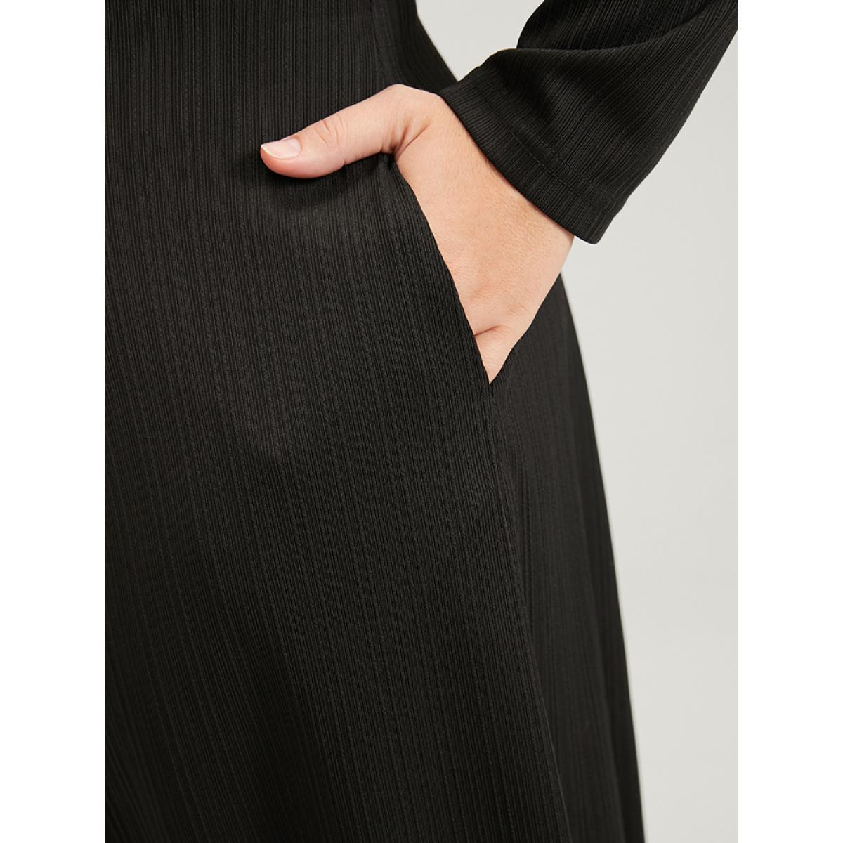 Plus Size Plain V Neck Pocket Zip Up Midi Dress Black Women Office Zipper V-neck Long Sleeve Curvy Midi Dress BloomChic 30/6X Product Image