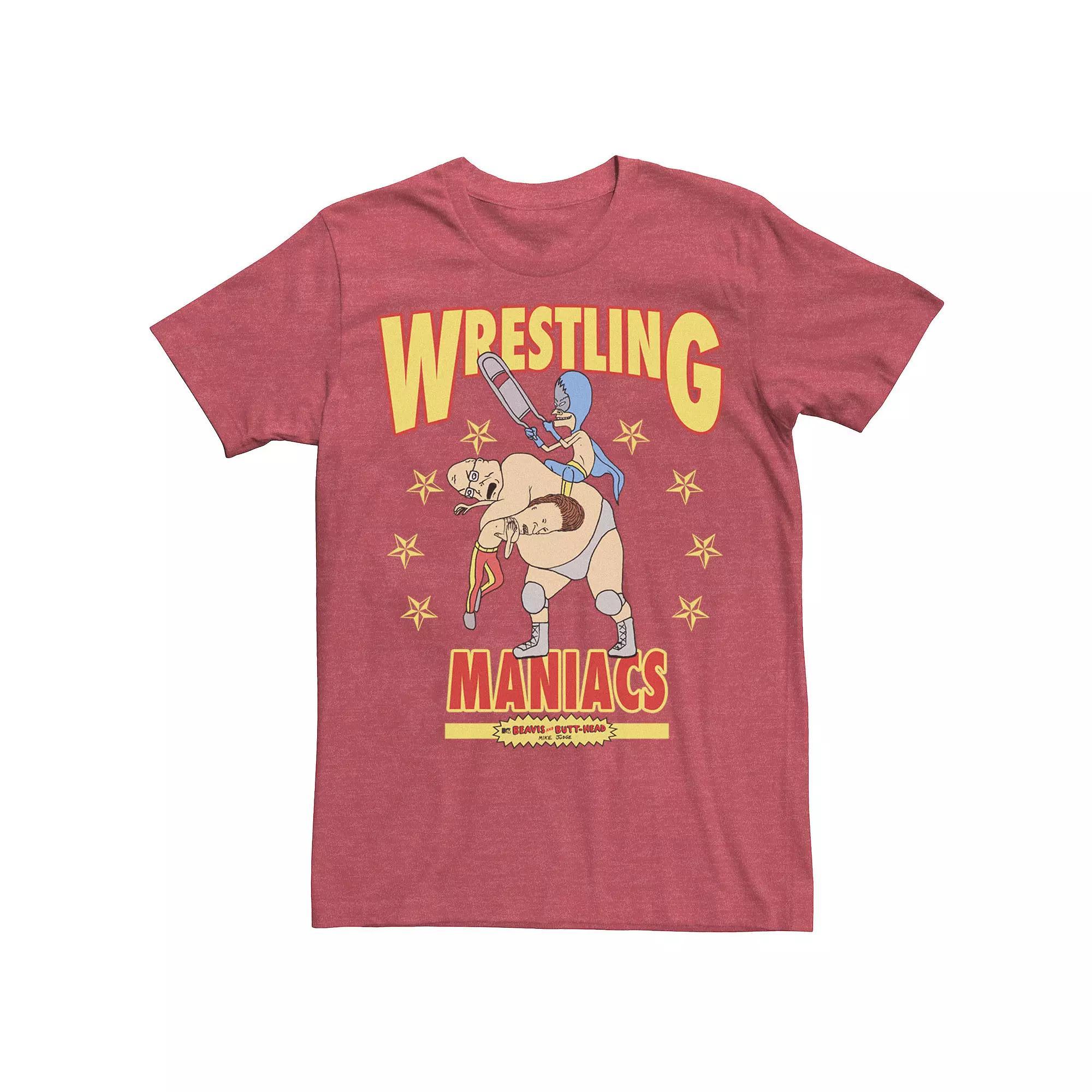 Mens Beavis & Butthead Wrestling Maniacs Portrait Poster Tee Red Grey Product Image