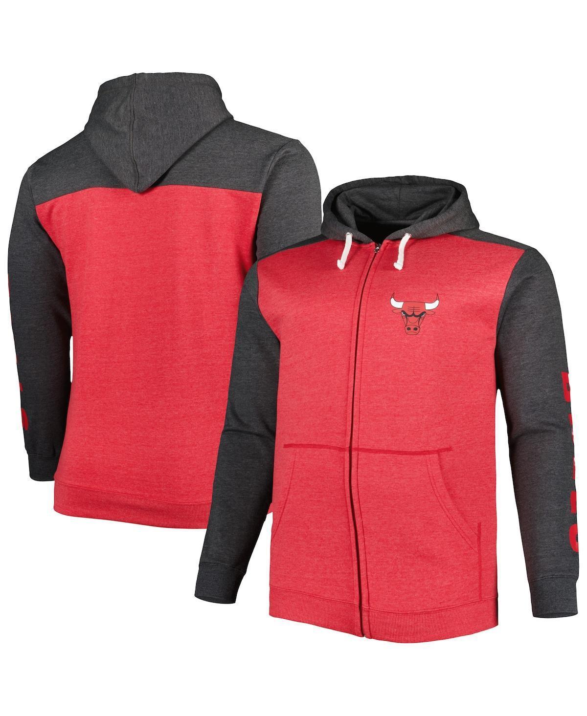 Men's Fanatics Branded Heathered Red/Heathered Black Chicago Bulls Big & Tall Down and Distance Full-Zip Hoodie, Size: 2XB Product Image